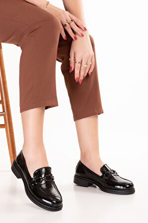 Gondol Kadın Hakiki Deri Toka Detaylı Şık Loafer Ayakkabı ndr.26101 - siyah rugan - 38