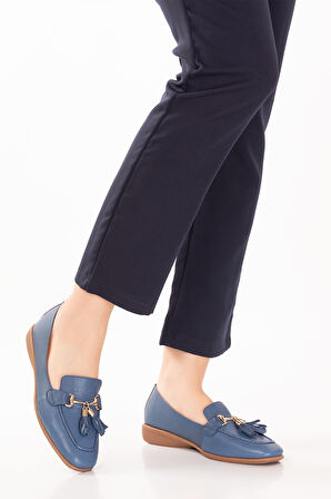 Gondol Hakiki Deri Esnek Rahat Taban Yumuşak Deri Rahat Loafer alb.228 - Mavi - 38