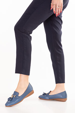 Gondol Hakiki Deri Esnek Rahat Taban Yumuşak Deri Rahat Loafer alb.228 - Mavi - 41