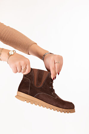 Gondol Hakiki Deri Kaymaz Taban Rahat Günlük Şık Bot mlk.5087 - Kahve Süet - 37