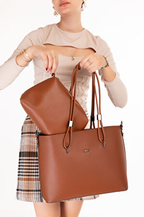 Gondol Kadın Çift Bölmeli El ve Omuz Çantası ald.6753 - Taba - TEK EBAT