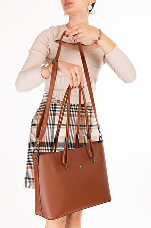 Gondol Kadın Çift Bölmeli El ve Omuz Çantası ald.6753 - Taba - TEK EBAT