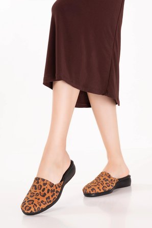 Gondol Kadın İçi Dışı Hakiki Deri Şık Ev Terliği Özl.960 Taba Leopar