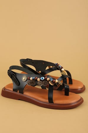 Gondol Hakiki Deri Vaketa Parmak Arası Süslü Sandalet crm.305 Siyah