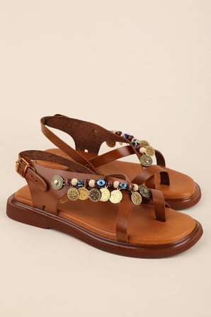 Gondol Hakiki Deri Vaketa Parmak Arası Süslü Sandalet crm.305 Taba