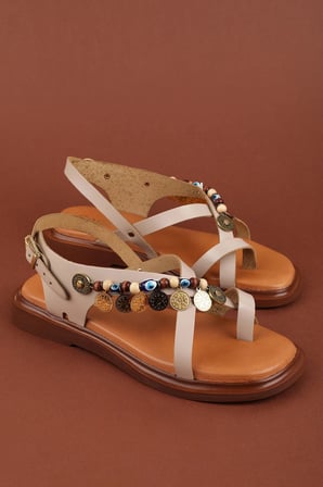 Gondol Hakiki Deri Vaketa Parmak Arası Süslü Sandalet crm.305 Vizon