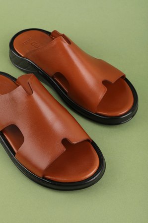 Gondol Erkek Hakiki Deri Günlük Rahat Taban Terlik hkm.184 Taba