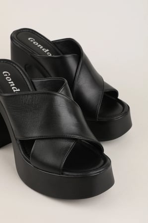 Gondol Hakiki Deri Platform Taban Topuklu Terlik pkr.66001 Siyah