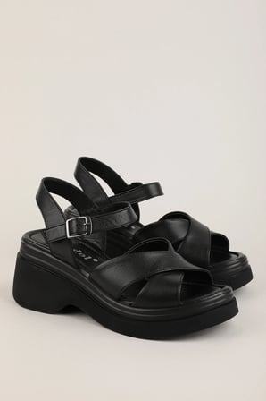Gondol Hakiki Deri Platform Taban Topuklu Sandalet pkr.64004 Siyah