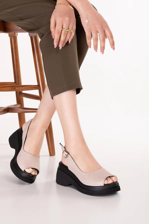 Gondol Hakiki Deri Platform Taban Sandalet pkr.64003 Buz Gri