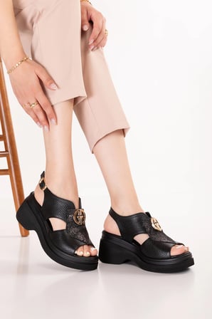 Gondol Hakiki Deri Platform Taban Sandalet pkr.64027 Siyah