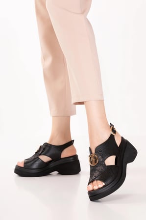 Gondol Hakiki Deri Platform Taban Sandalet pkr.64027 Siyah