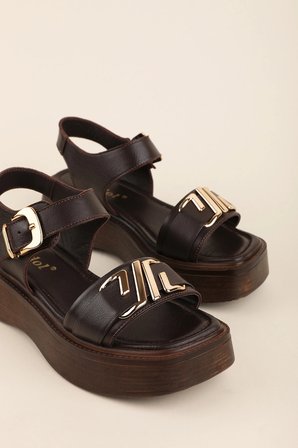 Gondol Hakiki Deri Platform Taban Sandalet pkr.2401 Kahverengi