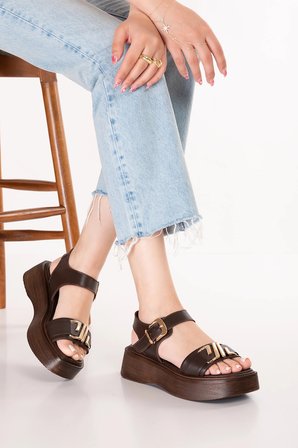 Gondol Hakiki Deri Platform Taban Sandalet pkr.2401 Kahverengi