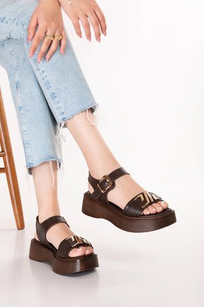 Gondol Hakiki Deri Platform Taban Sandalet pkr.2401 Kahverengi