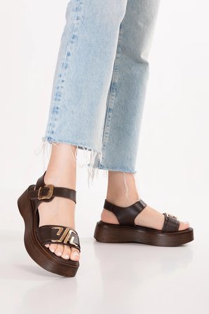 Gondol Hakiki Deri Platform Taban Sandalet pkr.2401 Kahverengi