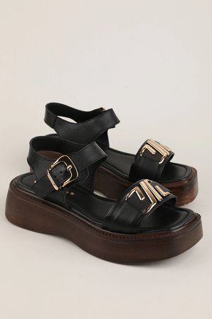 Gondol Hakiki Deri Platform Taban Sandalet pkr.2401 Siyah