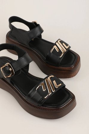 Gondol Hakiki Deri Platform Taban Sandalet pkr.2401 Siyah