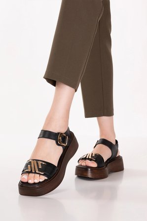 Gondol Hakiki Deri Platform Taban Sandalet pkr.2401 Siyah