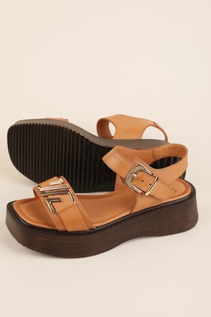 Gondol Hakiki Deri Platform Taban Sandalet pkr.2401 Taba