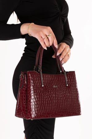 Gondol Kadın Çift Bölmeli El ve Omuz Çantası ald.3876 Bordo Croco