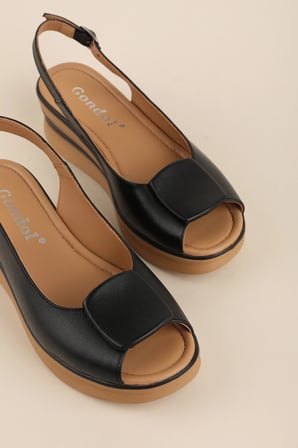 Gondol Hakiki Deri Platform Taban Sandalet pkr.1802 Siyah