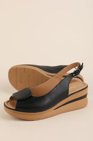Gondol Hakiki Deri Platform Taban Sandalet pkr.1802 Siyah