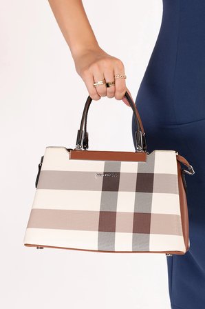 Silver Polo Kadın Ekose Desen Şık El Çantası sp.913 Krem Ekose