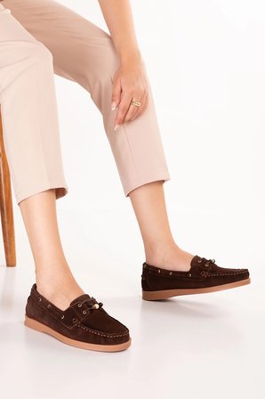 Hakiki Deri Kadın Günlük Loafer Ayakkabı esl.8007 Kahve Süet