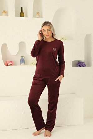 Kadın Bisiklet Yaka Düğmesiz İpeksi Yumuşak Kadife Kışlık Uzun Kol Cepli Pijama Takımı