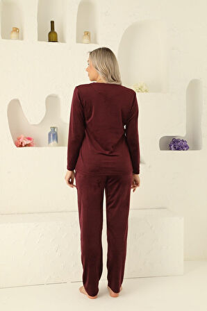 Kadın Bisiklet Yaka Düğmesiz İpeksi Yumuşak Kadife Kışlık Uzun Kol Cepli Pijama Takımı