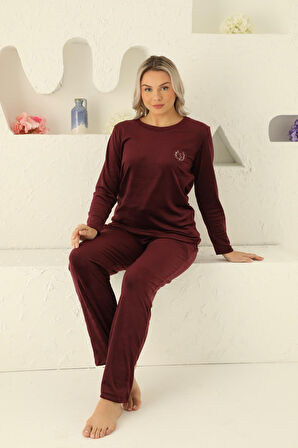 Kadın Bisiklet Yaka Düğmesiz İpeksi Yumuşak Kadife Kışlık Uzun Kol Cepli Pijama Takımı