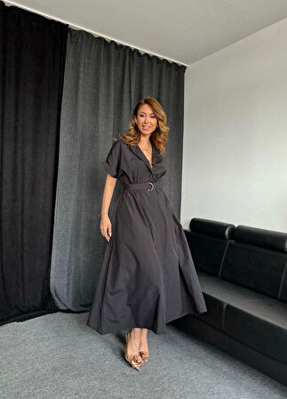 Kemer Detaylı Yarasa Kol Uzun Poplin Elbise