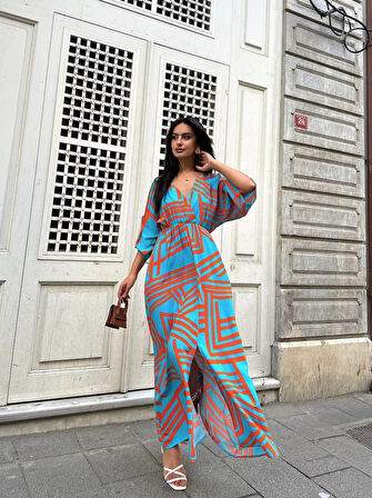 Geometrik Desenli Viskon Elbise 