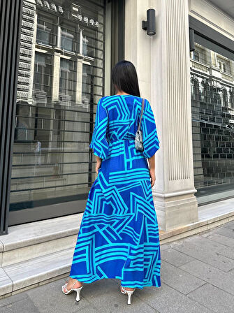 Geometrik Desenli Viskon Elbise 