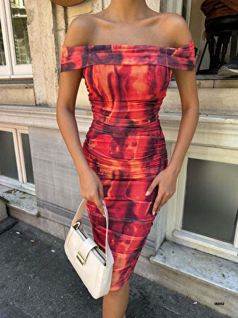 Madonna yaka büzgülü şifon elbise