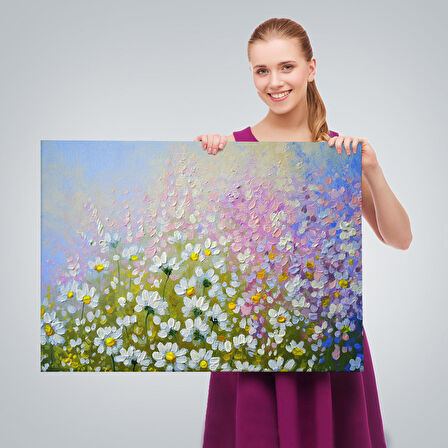 Kır Çiçekleri Yağlıboya Görünüm Dekoratif Kanvas Duvar Tablosu-3535