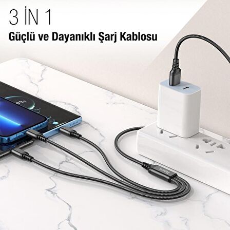 Coofbe Super Şarj 3in1 Type-C Micro iPhone Şarj Kablosu Çoklu Şarj Kablosu Örgülü Sağlam Şarj Kablosu