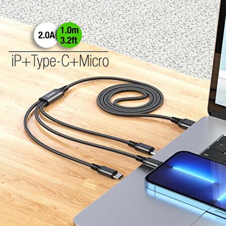 Coofbe Super Şarj 3in1 Type-C Micro iPhone Şarj Kablosu Çoklu Şarj Kablosu Örgülü Sağlam Şarj Kablosu