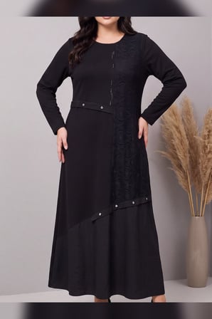 Wearon Kadın iki ip Kristal Kumaş Dantel Kombinli Boydan Siyah Vadi Elbise