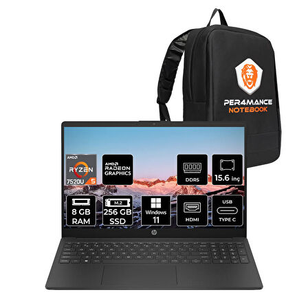HP 15 Ryzen 5 7520U 8GB RAM 256GB SSD 15.6'' Full HD W11H Dizüstü Bilgisayar & PER4 ÇANTA