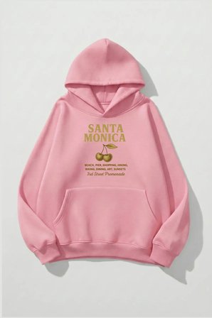 Unisex Yumuşak Dokulu Santa Monica Baskılı Tasarım Oversize 3 İplik Hoodie Sweatshirt