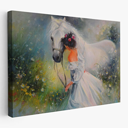 Bayaz At Ve Sahibi Kız Yağlıboya Görünüm Dekoratif Kanvas Duvar Tablosu-3539