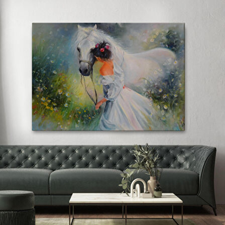 Bayaz At Ve Sahibi Kız Yağlıboya Görünüm Dekoratif Kanvas Duvar Tablosu-3539