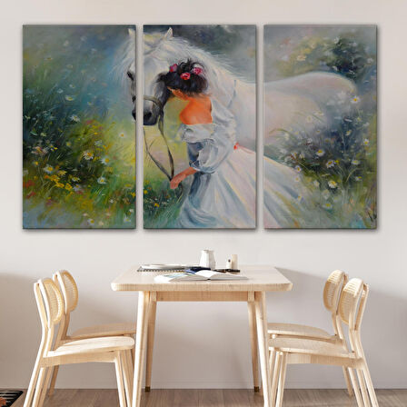 Bayaz At Ve Sahibi Kız Yağlıboya Görünüm Dekoratif Kanvas Duvar Tablosu-3539