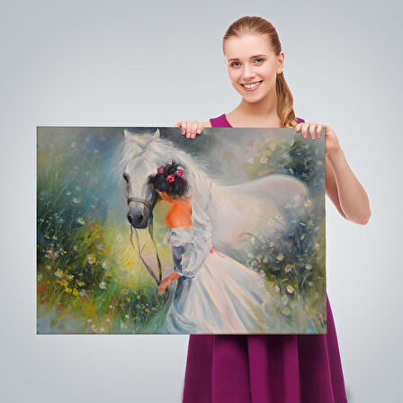 Bayaz At Ve Sahibi Kız Yağlıboya Görünüm Dekoratif Kanvas Duvar Tablosu-3539