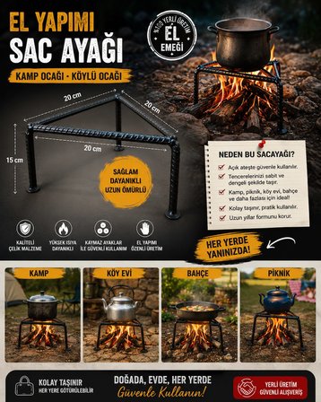 El Yapımı Çelik Sacayağı, Kamp Ocağı, Piknik Ocağı, Kışlık Hazırlama Ocağı, Köylü Ocağı, Odun Ocağı