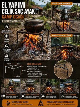 El Yapımı Çelik Sacayağı, Kamp Ocağı, Piknik Ocağı, Kışlık Hazırlama Ocağı, Köylü Ocağı, Odun Ocağı