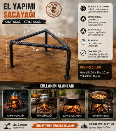 El Yapımı Çelik Sacayağı, Kamp Ocağı, Piknik Ocağı, Kışlık Hazırlama Ocağı, Köylü Ocağı, Odun Ocağı