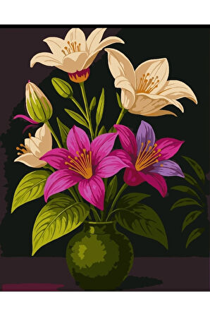 Sayılarla Boyama Seti 40x50 Cm (Çıtalı) Fırça Boya Dahil Numaralı Tuval Yeşil Vazo Laleler